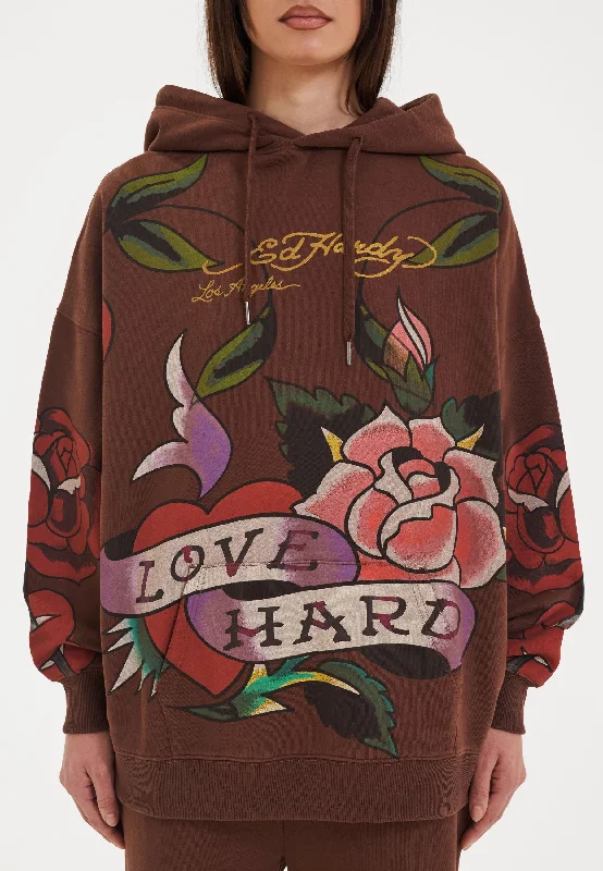 Bold Silhouette Womens Love Hard Graphic Relaxed Pouch Hoodie - Brown
