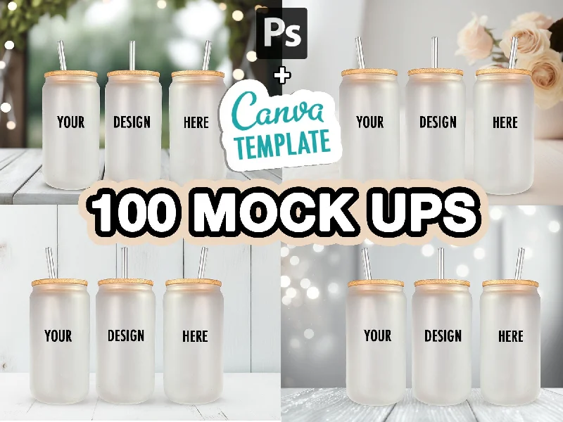 Drinkware Collection Sale 100 Frosted 16oz Libbey Glass Can Mock Ups Canva Templates AND PSD - Edit in CANVA, Photoshop, 100 Backgrounds Drinkware Collection Sale 100 Frosted 16oz Libbey Glass Can Mock Ups Canva Templates AND PSD - Edit in CANVA, Photoshop, 100 Backgrounds