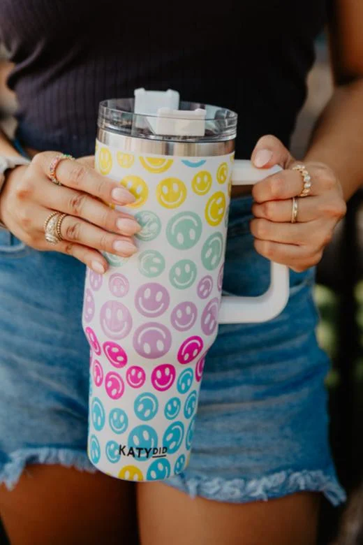 Premium Style Pastel Happy Face Tumbler Cup with Drinking Straw