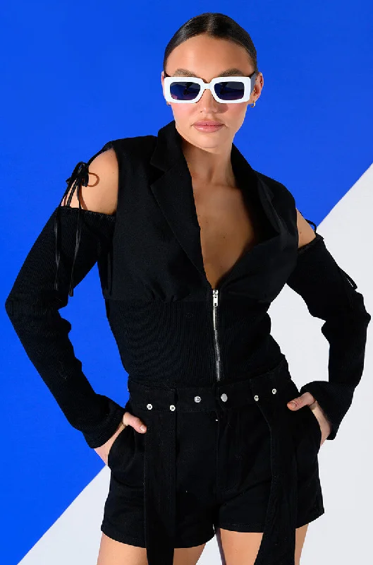 Parisian Effortless Chic Style COLD SHOULDER RIBBED BLAZER