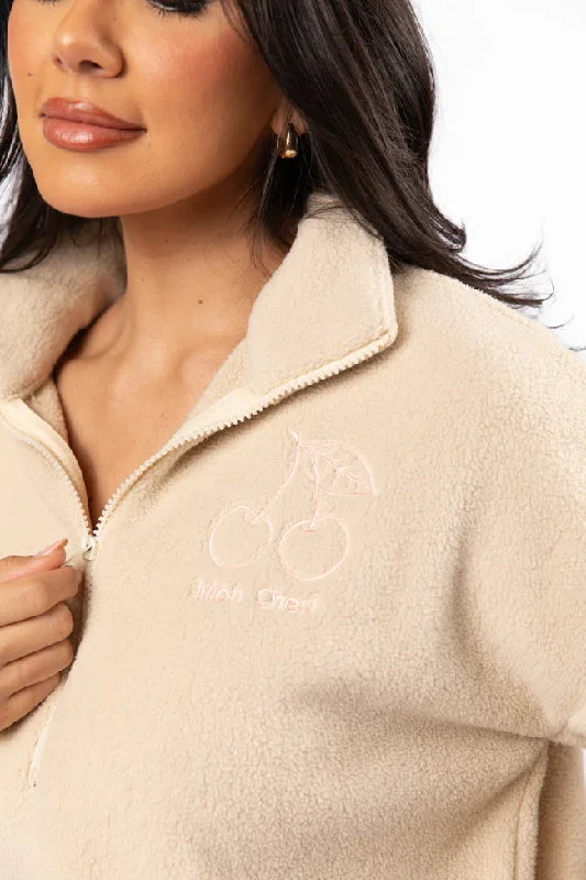 Your Timeless Wardrobe Awaits After Hours Mon Cheri Beige Embroidered Fleece Pullover SALE