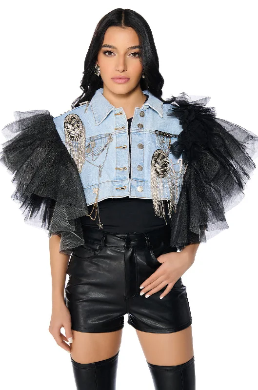 Fashion Forward Femininity BEBE LUXE EMBELLISHED DENIM AND TULLE CROP VEST