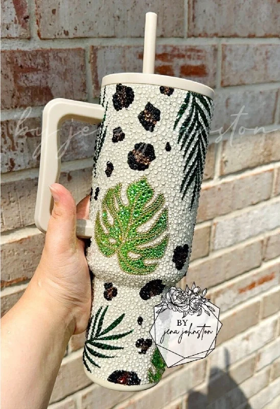 Clearance Sale, All Cheap 40oz Simple Modern Monstera Leaf Rhinestone Tumbler - Almond Burch