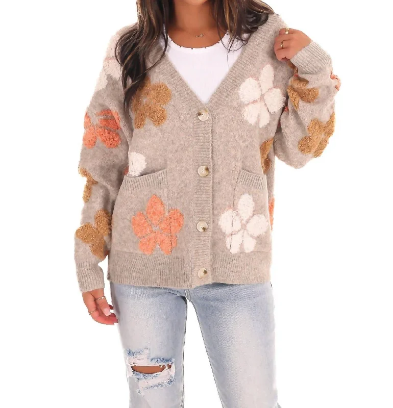 Chic Style Floral Fantasy Cardigan In Mocha