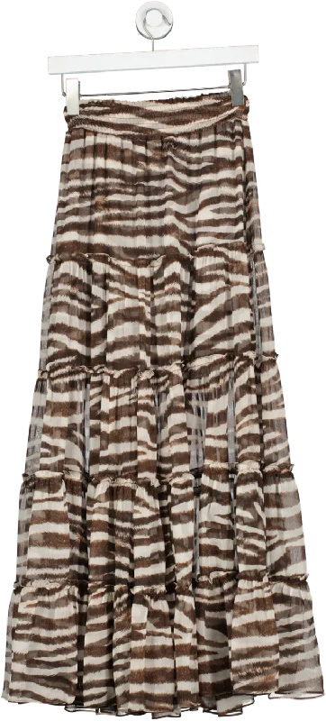 Casual Fashion Misa Brown Ruffle Animal Print Maxi Skirt UK XS