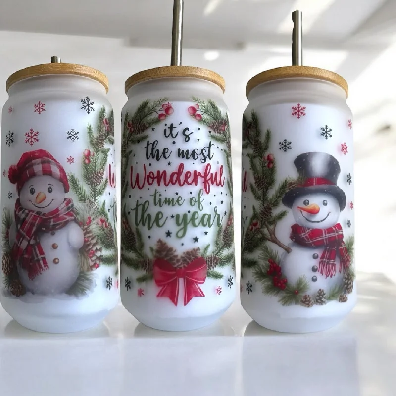 Clearance Drinkware Sale Christmas 18oz Frosted Glass Tumbler With Bamboo Lid