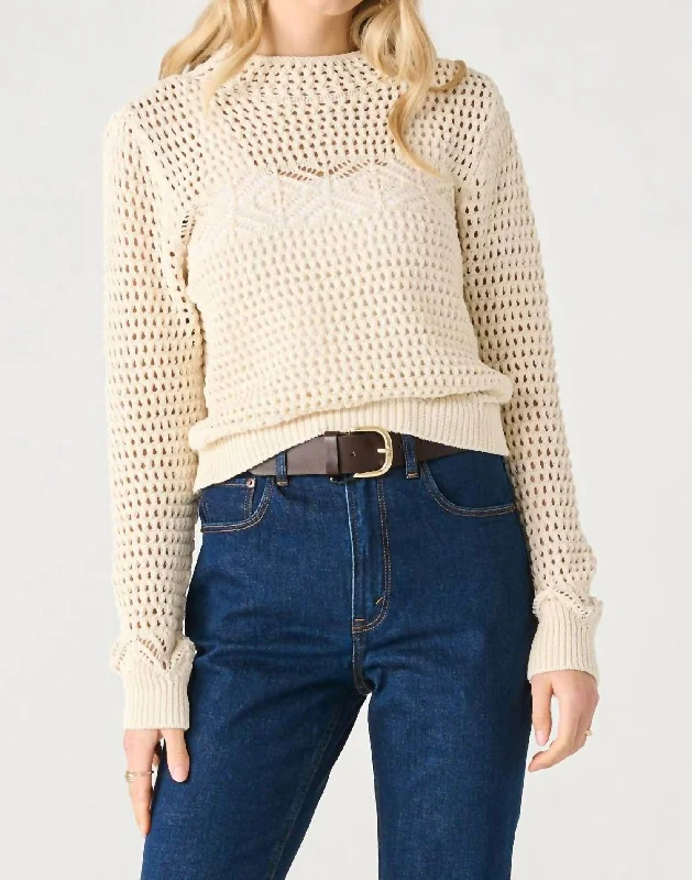 Unleash Your Fashion Long Sleeve Mock Neck Crocheted Sweater In Ecru