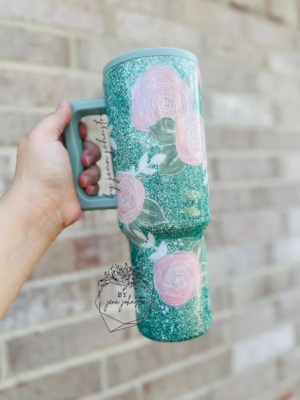 Limited-Time Offer Simple Modern Seaglass Sage Painted Glitter Epoxy Tumbler