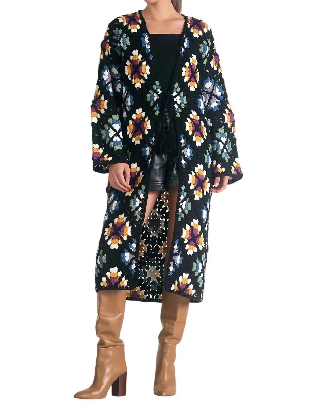 Fashion Deal Valentina Granny Square Sweater Cardigan In Multi Black