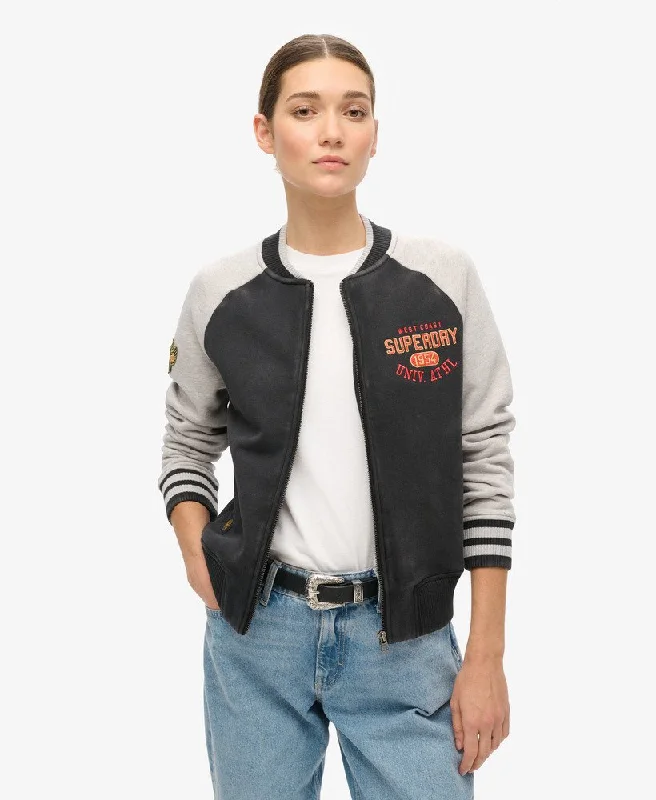 Polished Finish College Script Graphic Bomber | Black