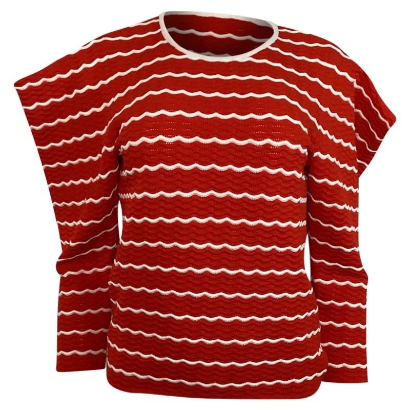 Fashion Forward Outfits Carolina Herrera Ruffled Striped Pointelle-Knit Top in Red Viscose