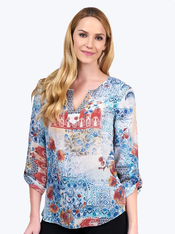 Style Redefined Tianello "Scarlet" Print Washable Silk "Avlyne" Blouse