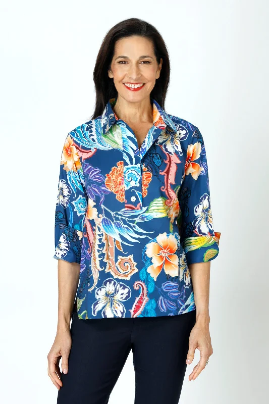 Elevate Your Wardrobe Hinson Wu Tropical Floral Aileen Button Back Popover