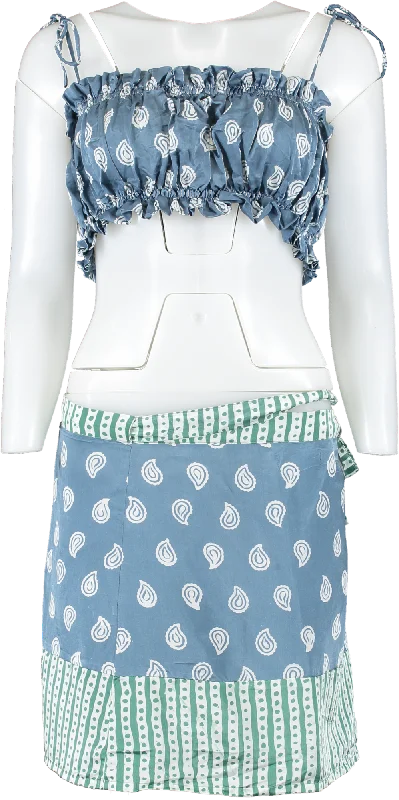 Chic & Cozy Apparel Cloe Cassandro Blue Silk Paisley Print Top And Skirt UK S