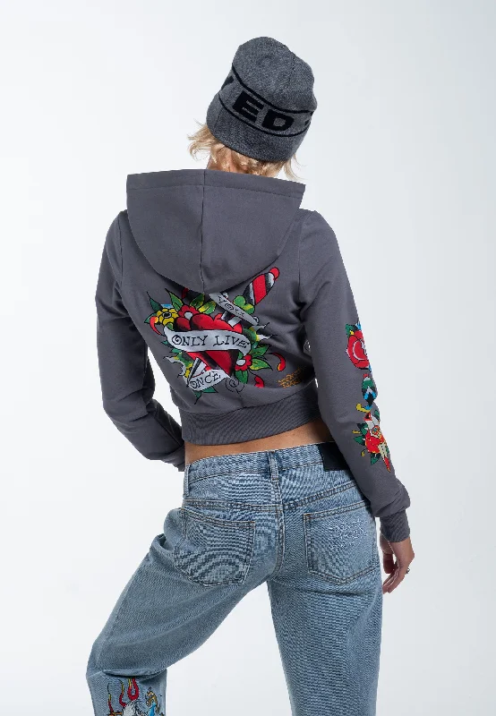 Limited - Time Bundle Womens Only Live Once Cropped Zip Through Hoodie - Grey
