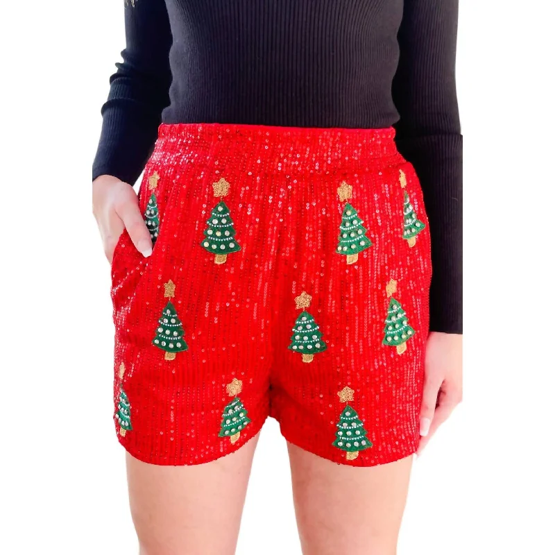 Limited Time Offer Sequin Christmas Tree Shorts In Red