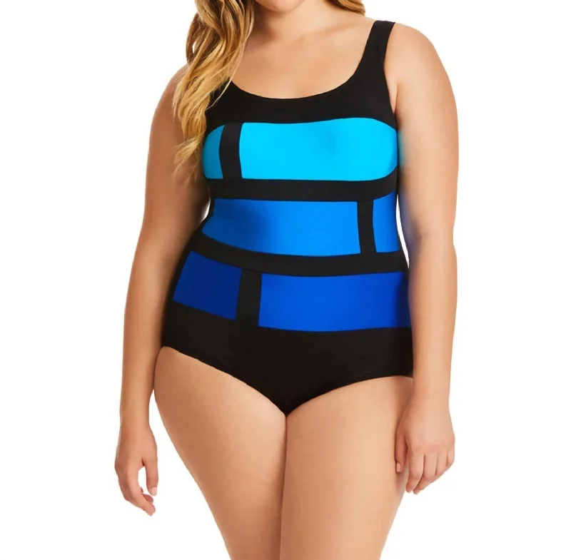 Feminine Elegance Color Block One Piece Swimsuit - Plus In Stained Glass Blue