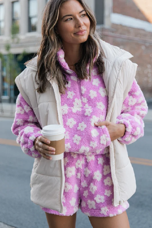 Trend Forward Threads Front Runner Purple Floral Sherpa Quarter Zip Pullover SALE