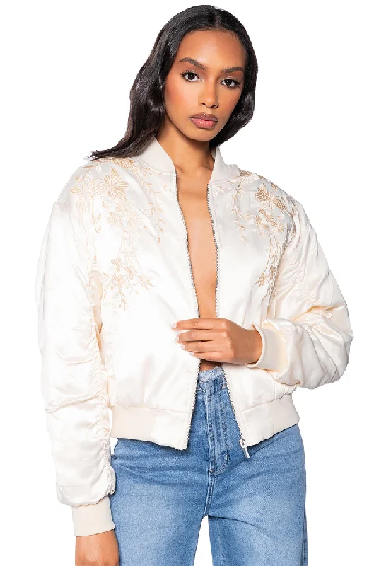 Chic Trends Unveiled EMBROIDERED MONOTONE OVERSIZE BOMBER