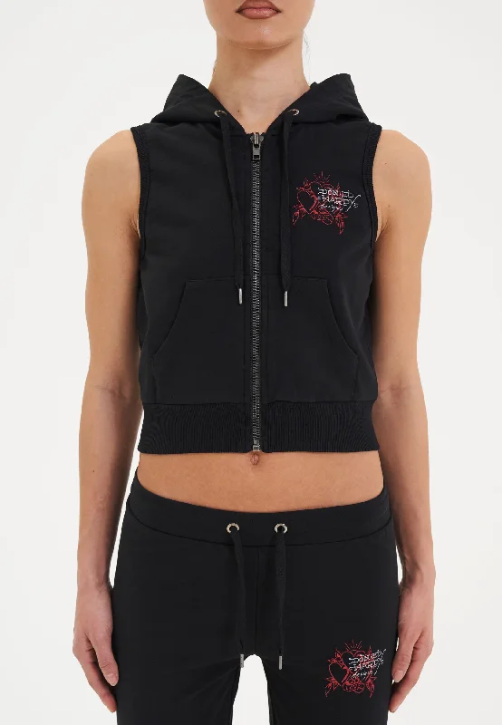 Vintage Elegance Womens Love Eternal Sleeveless Zip Thru Cropped Hoodie - Black