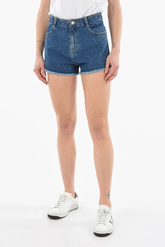 Effortless Grace Kenzo Dark-washed Denim Shorts with Fringed Hems and Lettering Log
