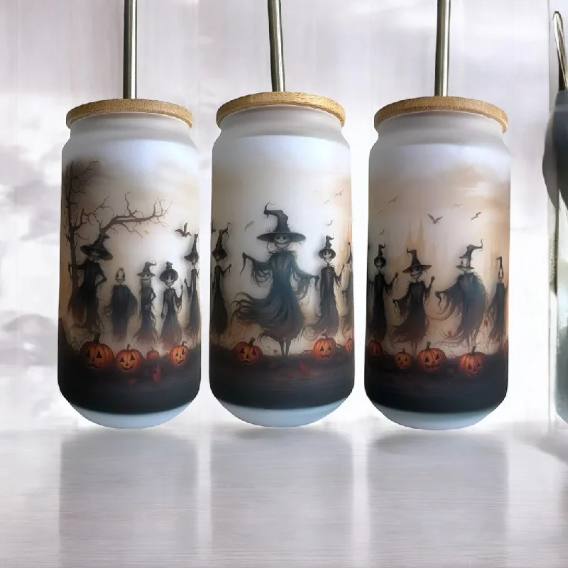 Drinkware Gift Set WITCHES 18oz Frosted Glass Tumbler With Bamboo Lid Optional Personalisation Drinkware Gift Set WITCHES 18oz Frosted Glass Tumbler With Bamboo Lid Optional Personalisation