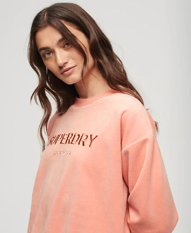 Chic Style Velour Graphic Boxy Crew Sweatshirt | Peach Beige