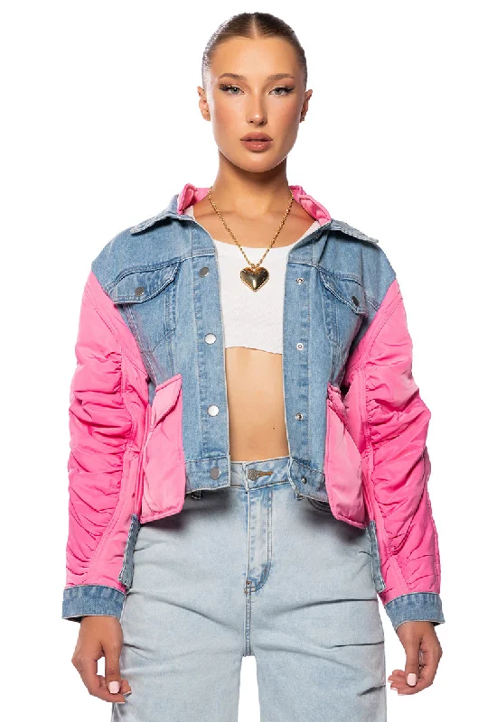 All Season Fashion Collection NYLON DENIM JACKET IN PINK
