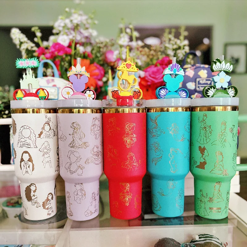 Environmentally Friendly Mugs READY TO SHIP: Princesses on Laser Engraved on 40 oz Quencher Inspired Stainless Steel Tumbler Environmentally Friendly Mugs READY TO SHIP: Princesses on Laser Engraved on 40 oz Quencher Inspired Stainless Steel Tumbler