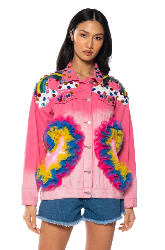 Luxe Women's Apparel RAINBOW ROAD EMBELLISHED DENIM JACKET