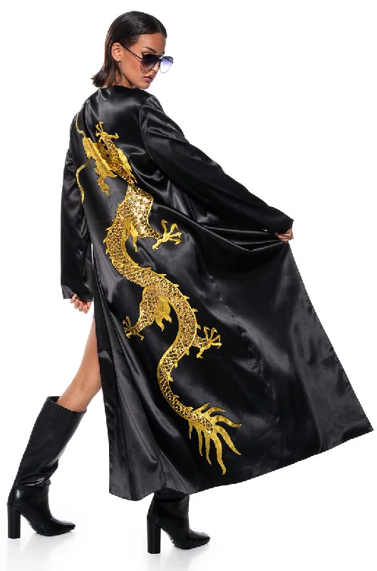 Chic Styles SATIN DUSTER WITH EMBROIDERED DRAGON