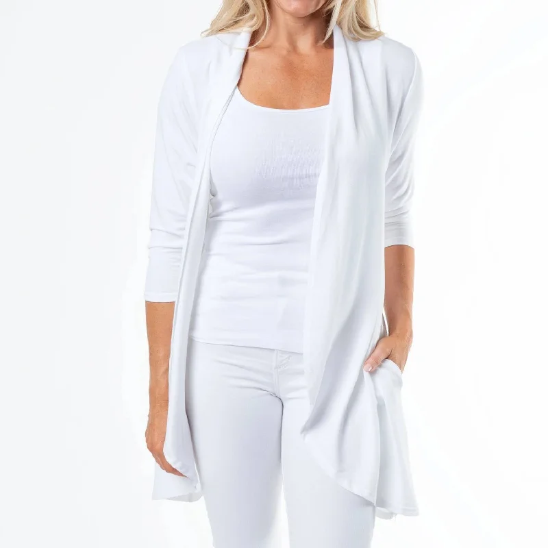 Stylish Basics White Short Stretch Denim 3/4 Sleeve Cardigan