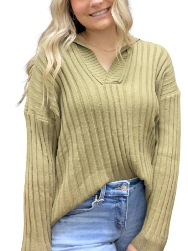 Seasonal Sale Collared Rib Knitted Sweater In Army Green