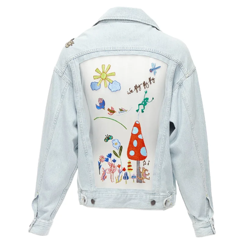 Fashion Forward Mira Mikati Washed Denim Sheer Embroidery Oversized Jacket