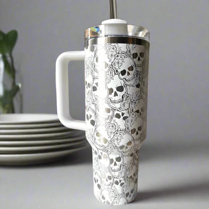 Discount Tumblers Skull And Roses Tumbler With Handle