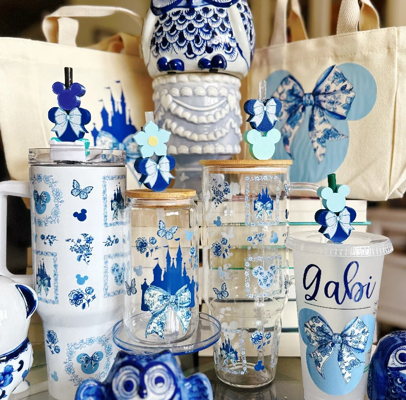 Crystal Drinkware Blue and White Floral Inspired Reusable Drinkware
