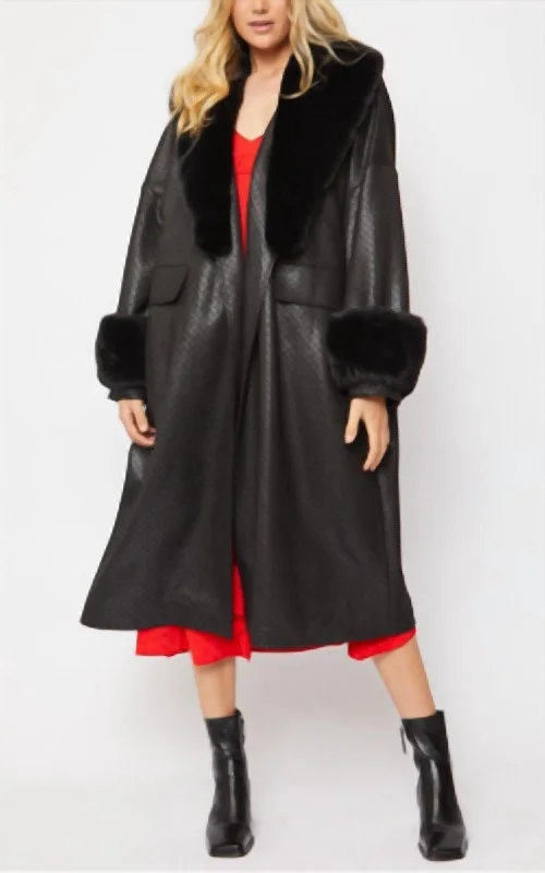 Beat The Heat In Tropical Styles Jayley Oversized Faux Suede Jacket With Detachable Faux Fur Cuffs & Collar In Black