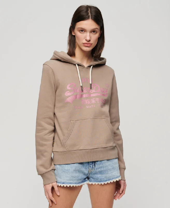 Trendy Fashion for Women Metallic Vintage Logo Graphic Hoodie | Deep Beige
