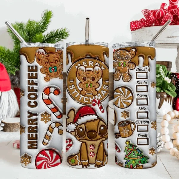 Style Redefined Stitch Merry Coffee 3D Inflated 20oz Christmas Tumbler