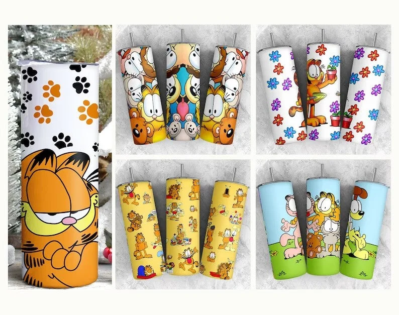 Clearance Drinkware Sale Bundle Yellow Cat 20oz Skinny Tumbler Wrap Design PNG, Cartoon 80s Tumbler, 80s cartoons png, Retro 80s cartoons Tumbler Wrap