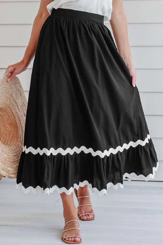 Trendy Clothing Sale Black Ricrac Trim Colorblock High Waist Long Skirt