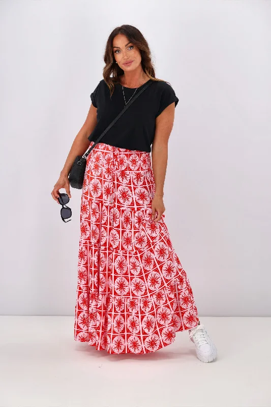 Chic Styles New U Collection Pink Red Sun Print Maxi Skirt