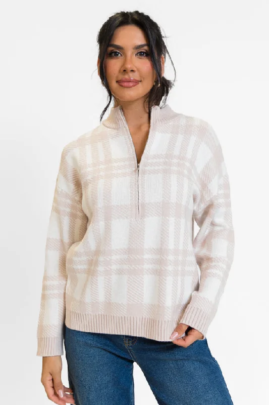Trendy Street Style Attire Make It Count Beige Plaid Printed Quarter Zip Pullover SALE