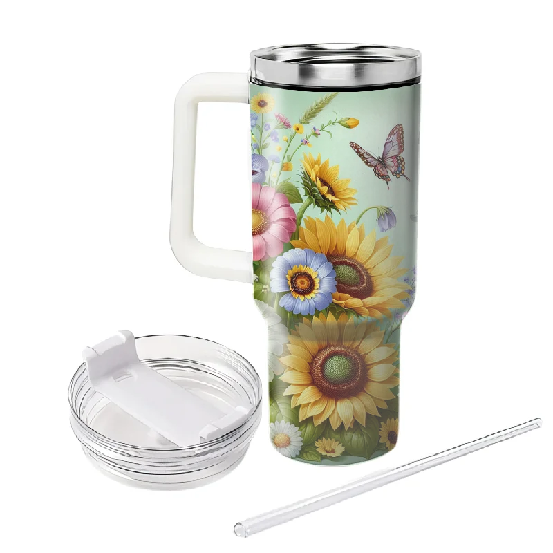 Style Redefined Sunflower And Butterfly Tumbler with Handle