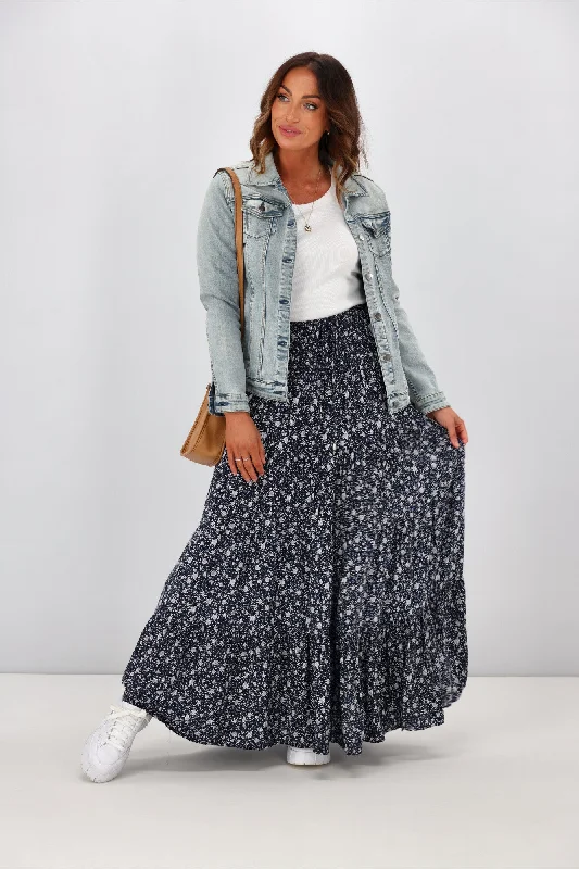 Pastel Styles New U Collection Ditsy Floral Navy Maxi Skirt