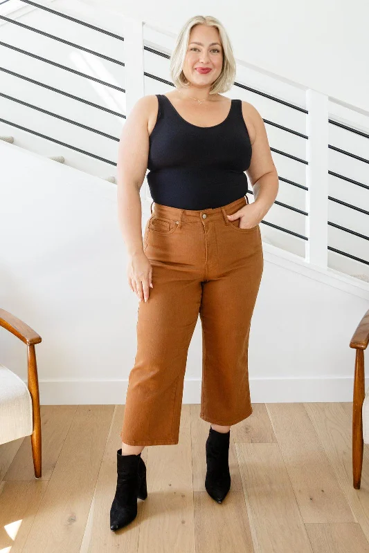 Exclusive Deals Online Briar High Rise Control Top Wide Leg Crop Jeans in Camel - Judy Blue