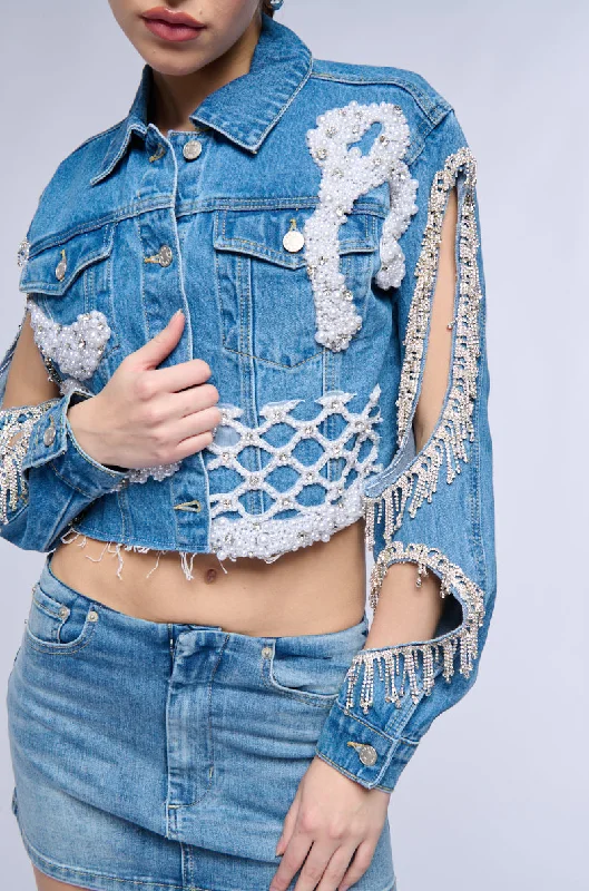 Timeless Elegance Redefined TEXAS BOUND RHINESTONE FRINGE PEARL CROP DENIM JACKET WITH CUT OUT SLEEVE