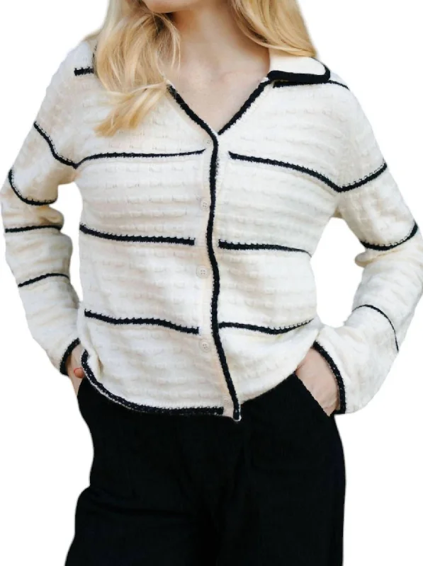 Evening Elegance Stripe Button Up Cardigan In Ivory/black