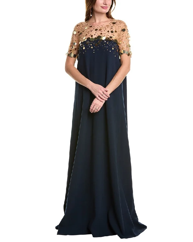 Effortless Comfort Oscar de la Renta Sequin & Fireflies Embroidered Wool-Blend Gown