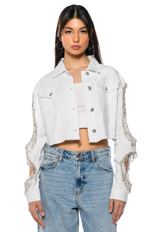 Big Savings On Minimalist Office Styles AZALEA WANG CUT OUT ARM RHINESTONE DENIM JACKET